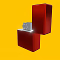 Red Box With Open Lid Featuring Silver Interior Mechanism And Gold Emblem On Yellow Background