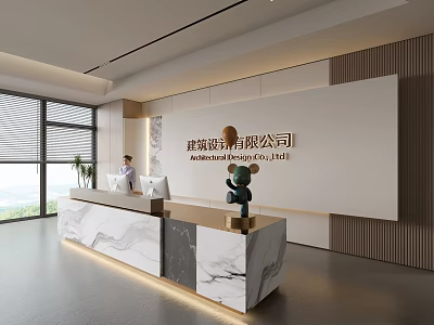 Modern Office Reception Desk With Marble Countertop And Company Signage 3d model