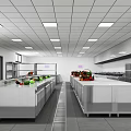 Modern Commercial Kitchen Layout With Stainless Steel Worktables Ceiling Lights And Vegetable Baskets