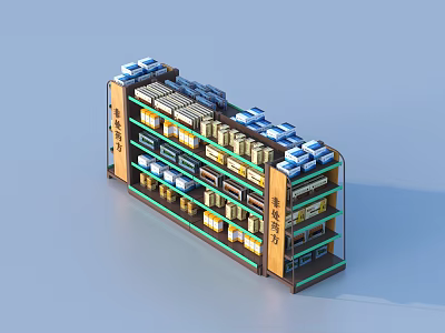 Multi Tiered Retail Display Shelving Unit With Boxed Products And Green Brown Design 3d model
