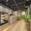 Modern Milk Tea Shop Interior With Green Chairs And Wooden Bar Counter