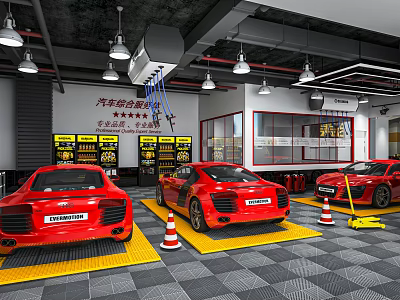Car 4S Shop Service Area With Red Sports Cars And Maintenance Equipment 3d model