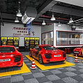 Car 4S Shop Service Area With Red Sports Cars And Maintenance Equipment