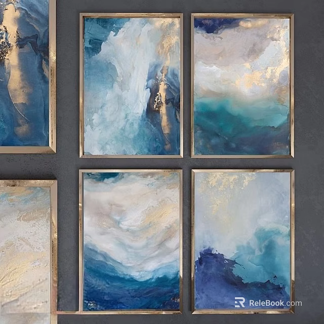 Photo Wall With Six Abstract Artworks Blue Gold Tones Gold Frames 2x3 Layout Dark Wall 3d model 