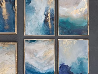 Photo Wall With Six Abstract Artworks Blue Gold Tones Gold Frames 2x3 Layout Dark Wall 3d model