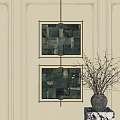 Modern Abstract Painting With Green And Blue Patchwork Design In Gold Frame On White Wall