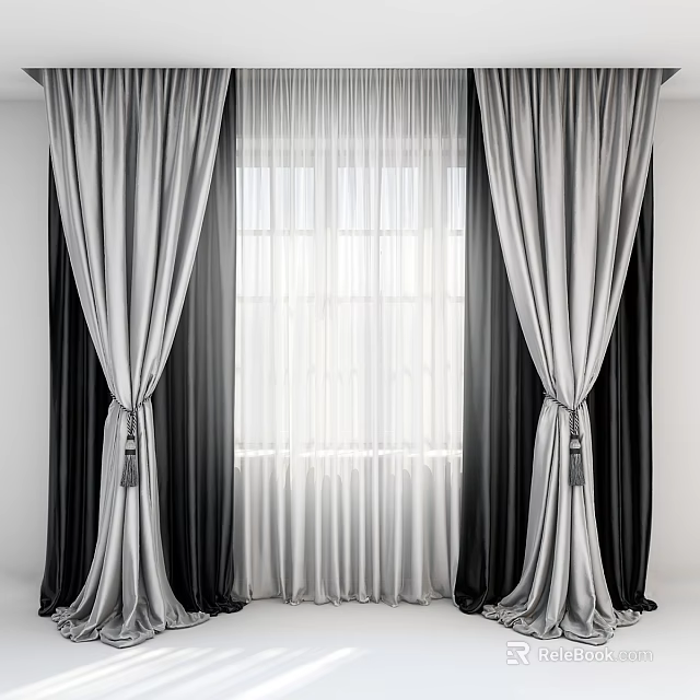 Black and White Double Layer Curtains with Elegant Drapes for Window Interior 3d model 