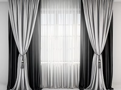 Black and White Double Layer Curtains with Elegant Drapes for Window Interior 3d model