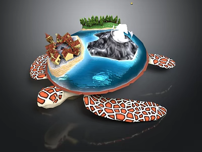 Turtle Shaped Scene Structure With Island Buildings Green Vegetation And Water Area 3d model