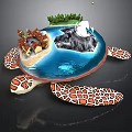 Turtle Shaped Scene Structure With Island Buildings Green Vegetation And Water Area