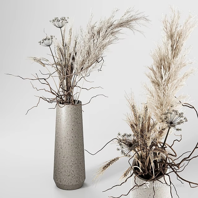 Natural Minimalist Decorative Ornament Set With Cement Vases Dried Flowers Grass Wheat Ears 3d model 