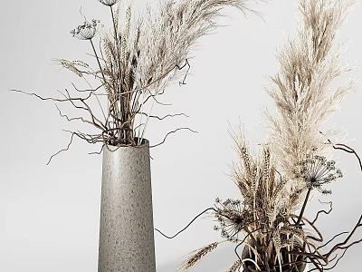 Natural Minimalist Decorative Ornament Set With Cement Vases Dried Flowers Grass Wheat Ears 3d model