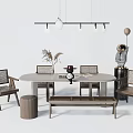 Wooden Dining Table Set With Chairs Bench Pendant Lights And Decorative Items 3d model