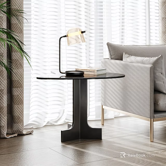 Modern Round Side Table In Living Room With Lamp Books Sofa And Plant 3d model 