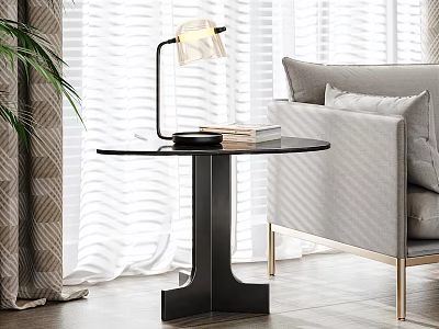 Modern Round Side Table In Living Room With Lamp Books Sofa And Plant 3d model