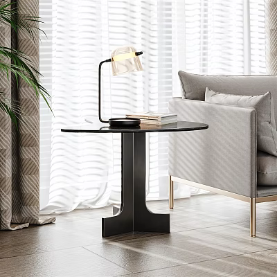 Modern Round Side Table In Living Room With Lamp Books Sofa And Plant 3d model