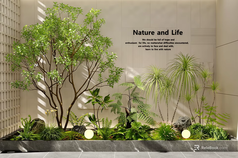 Indoor Landscape Interior Design With Various Green Plants Trees Ferns And Round Lights 3d model 