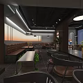 Modern Restaurant Interior With Booth Seating Pendant Lights Dark Floor And Wooden Tables
