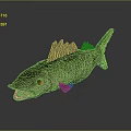 Detailed Green Fish 3D Model with Open Mouth and Fins on Dark Reflective Surface