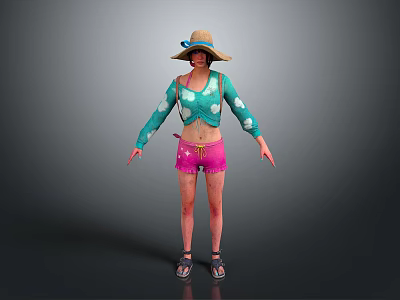 Woman Wearing Straw Hat Turquoise Top White Sleeves Pink Shorts And Sandals 3d model
