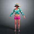 Woman Wearing Straw Hat Turquoise Top White Sleeves Pink Shorts And Sandals
