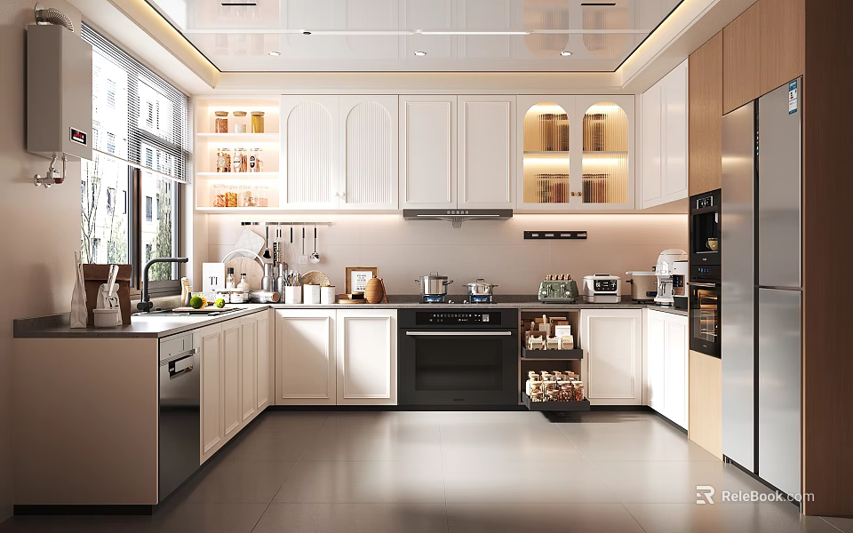 Modern Kitchen Interior With White Cabinets Island Counter And Natural Light 3d model 