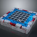 Modern Decorative Square Platform With Gray Stone Border Blue Grid And Red Accents
