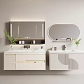Modern Double Sink Vanity with Lighted Mirror Cabinet Round Mirror and Geometric Pattern Design 3d model