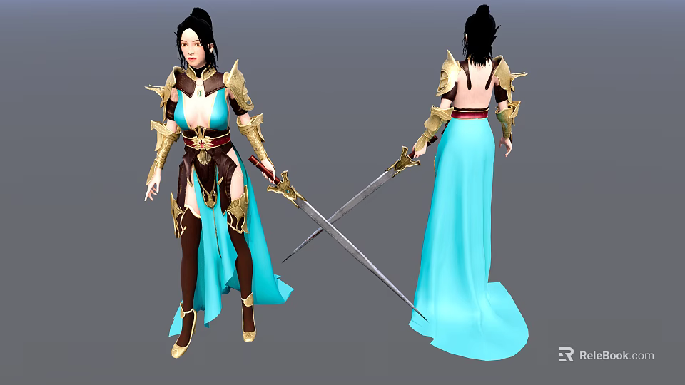 Fantasy Game Character With Black Hair Blue Long Dress Golden Armor Holding Crossed Swords 3d model 