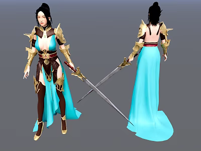 Fantasy Game Character With Black Hair Blue Long Dress Golden Armor Holding Crossed Swords 3d model
