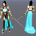 Fantasy Game Character With Black Hair Blue Long Dress Golden Armor Holding Crossed Swords