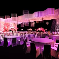 Banquet Hall Interior With Curved White Strip Ceiling And Pink White Flower Arrangements