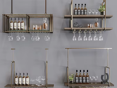Modern Wine Cabinet With Glass Shelves Wine Bottles And Hanging Glasses 3d model