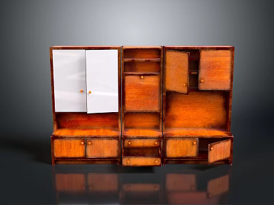 Wooden Storage Cabinet With White Doors Open Shelves Multiple Drawers And Storage Spaces 3d model