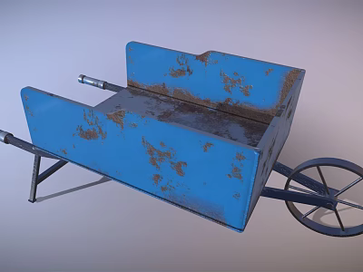 Old Blue Rusty Wheelbarrow With Metal Bucket Handle And Single Wheel Design 3d model
