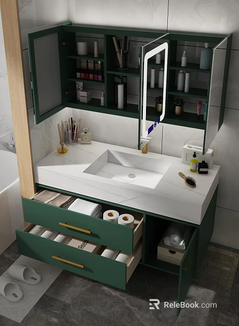 Elegant Dark Green Bathroom Vanity With Integrated Marble Sink And Large Capacity Storage Cabinets 3d model 