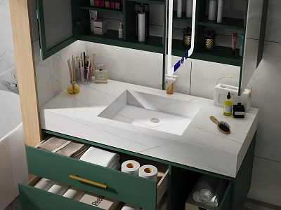 Elegant Dark Green Bathroom Vanity With Integrated Marble Sink And Large Capacity Storage Cabinets 3d model