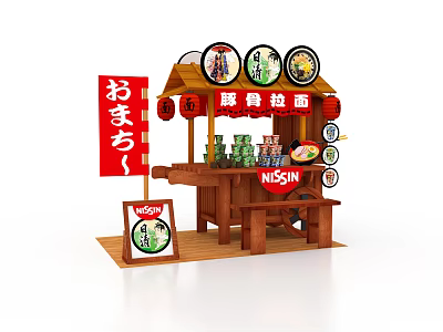 Japanese Ramen Stall with Tonkotsu Ramen Signboards Lanterns Wooden Structure and NISSIN Branding 3d model