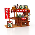 Japanese Ramen Stall with Tonkotsu Ramen Signboards Lanterns Wooden Structure and NISSIN Branding