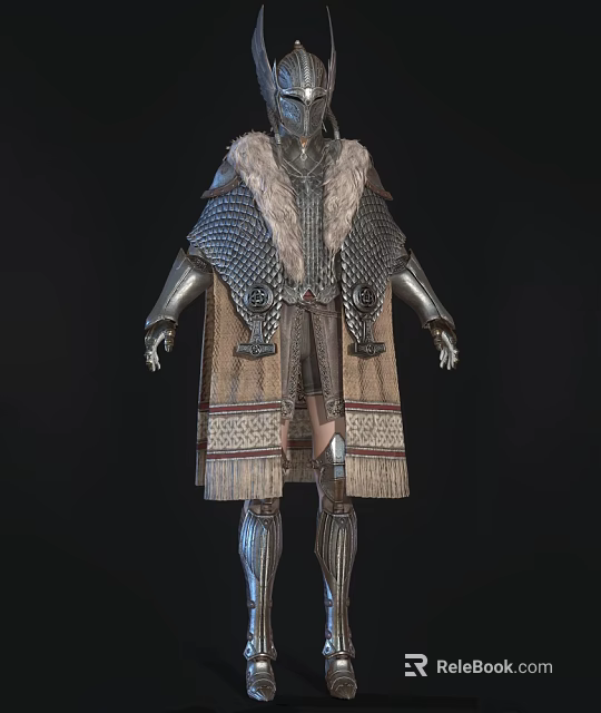 Game Movie Character In Detailed Metallic Armor Fur Cape And Fringed Tunic 3d model 