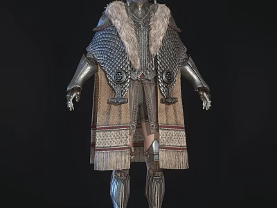 Game Movie Character In Detailed Metallic Armor Fur Cape And Fringed Tunic 3d model