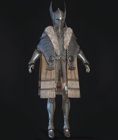 Game Movie Character In Detailed Metallic Armor Fur Cape And Fringed Tunic 3d model