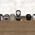 Various Kitchen Appliances In Different Styles And Colors On Wooden Floor