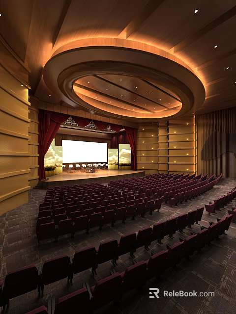 Spacious Theater Interior With Red Seats Stage Large Screen And Wooden Decor 3d model 