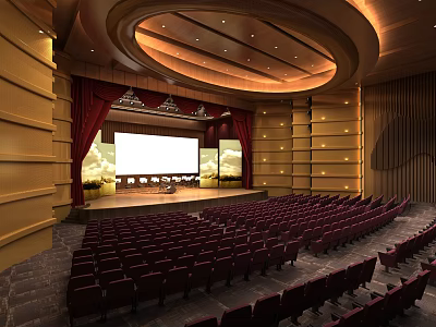 Spacious Theater Interior With Red Seats Stage Large Screen And Wooden Decor 3d model