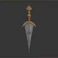 Ornate Ancient Weapon With Golden Decorative Pommel And Carved Steel Blade Design