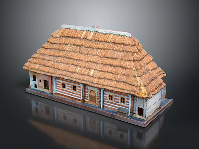 Cartoon Scene Of Small House With Thatched Roof Striped Walls Multiple Windows And Doors 3d model
