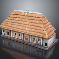 Cartoon Scene Of Small House With Thatched Roof Striped Walls Multiple Windows And Doors