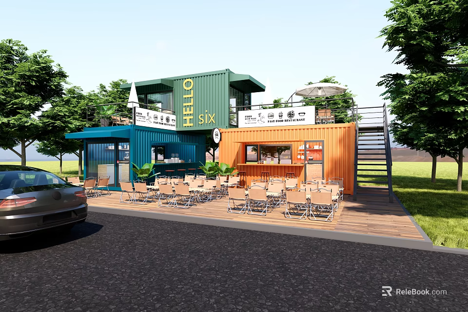 Colorful Container Building Cafe with Outdoor Seating Hello Sign and Green Trees 3d model 