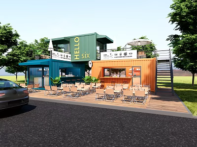 Colorful Container Building Cafe with Outdoor Seating Hello Sign and Green Trees 3d model